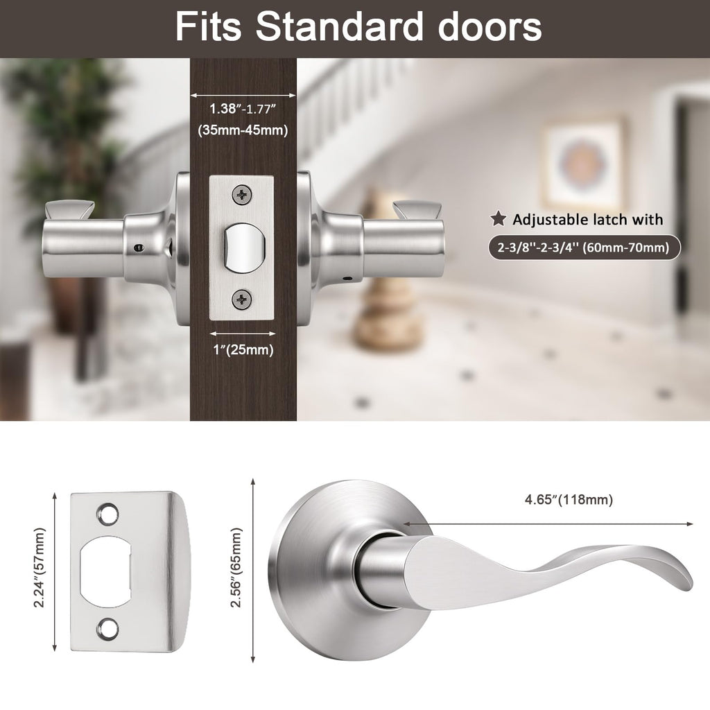 1 Pack Satin Nickel Modern Interior Passage Door Knobs, Keyless Door Handle & Closet, Wave Style Non-Locking Door