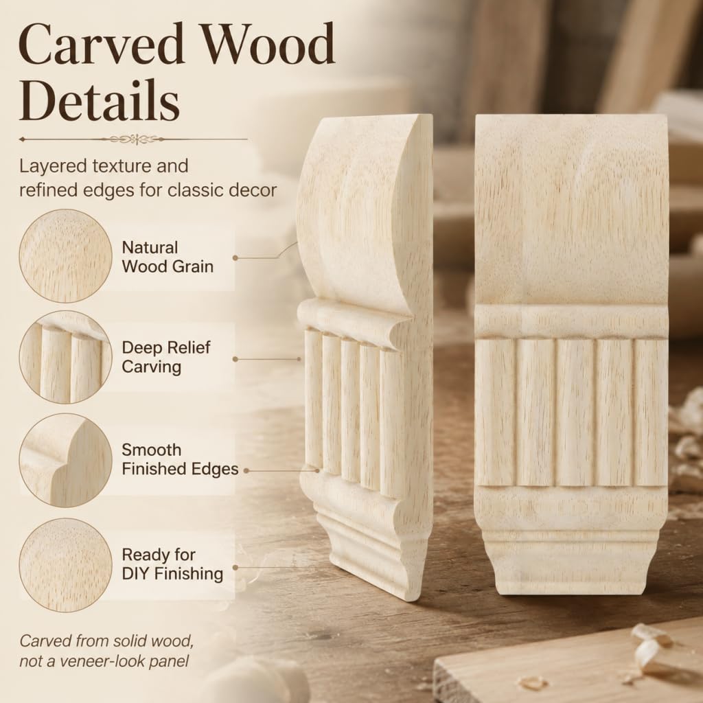 Rubber Wood Carved Corbels, 4PCS 7.55in Unfinished Decor Brackets