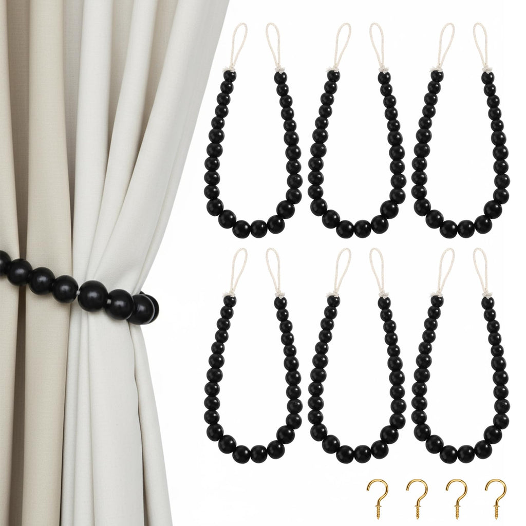Wood Bead Curtain Tiebacks Holdbacks with Hooks(Black) - 6 Pack