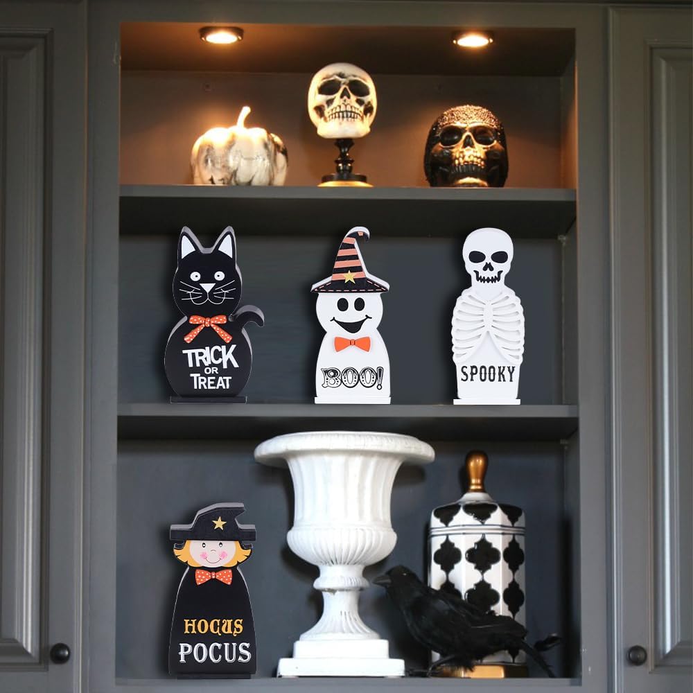 Halloween Decorations Indoor, Wood Blocks Halloween Table Decor, Ghost Black Cat Skull Witch Gothic Tabletop - Set of 4