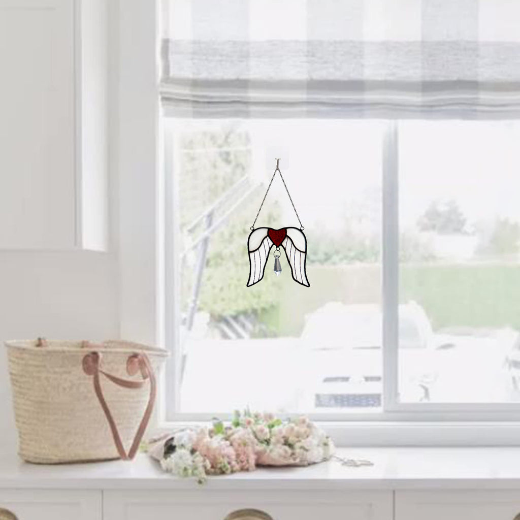 Angel Wings Stained Glass Window Hangings with Crystal Ball Prism Drop Pendant Suncatcher Ornament, for Window Home