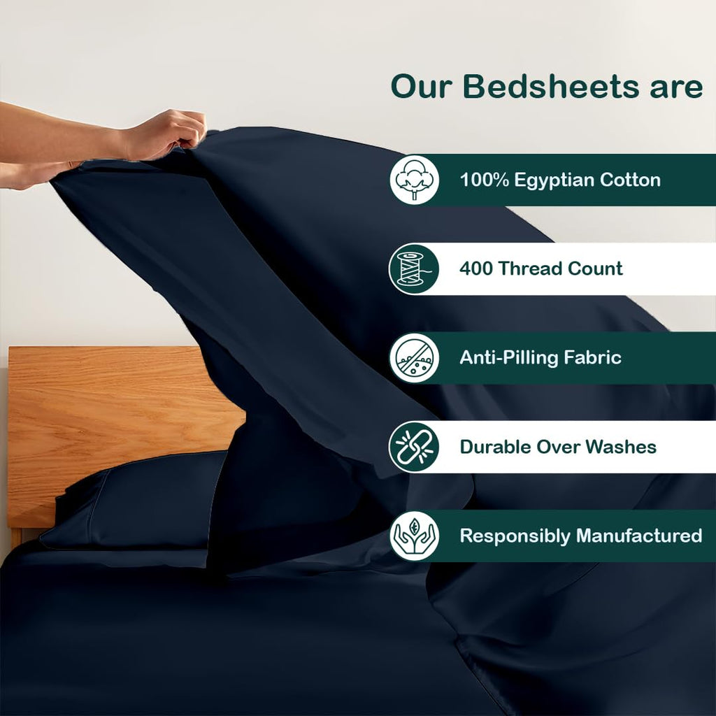 4 Pc Short Queen Size Cotton Sheet Set Navy Blue Solid 10-18" Deep Pocket