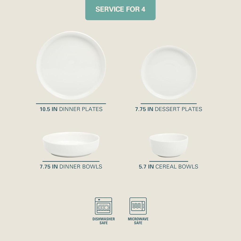 Oslo Dinnerware Set for 4, 16-Piece White Porcelain Plates and Bowls - Ceramic Dish Set | Microwave & Dishwasher Safe