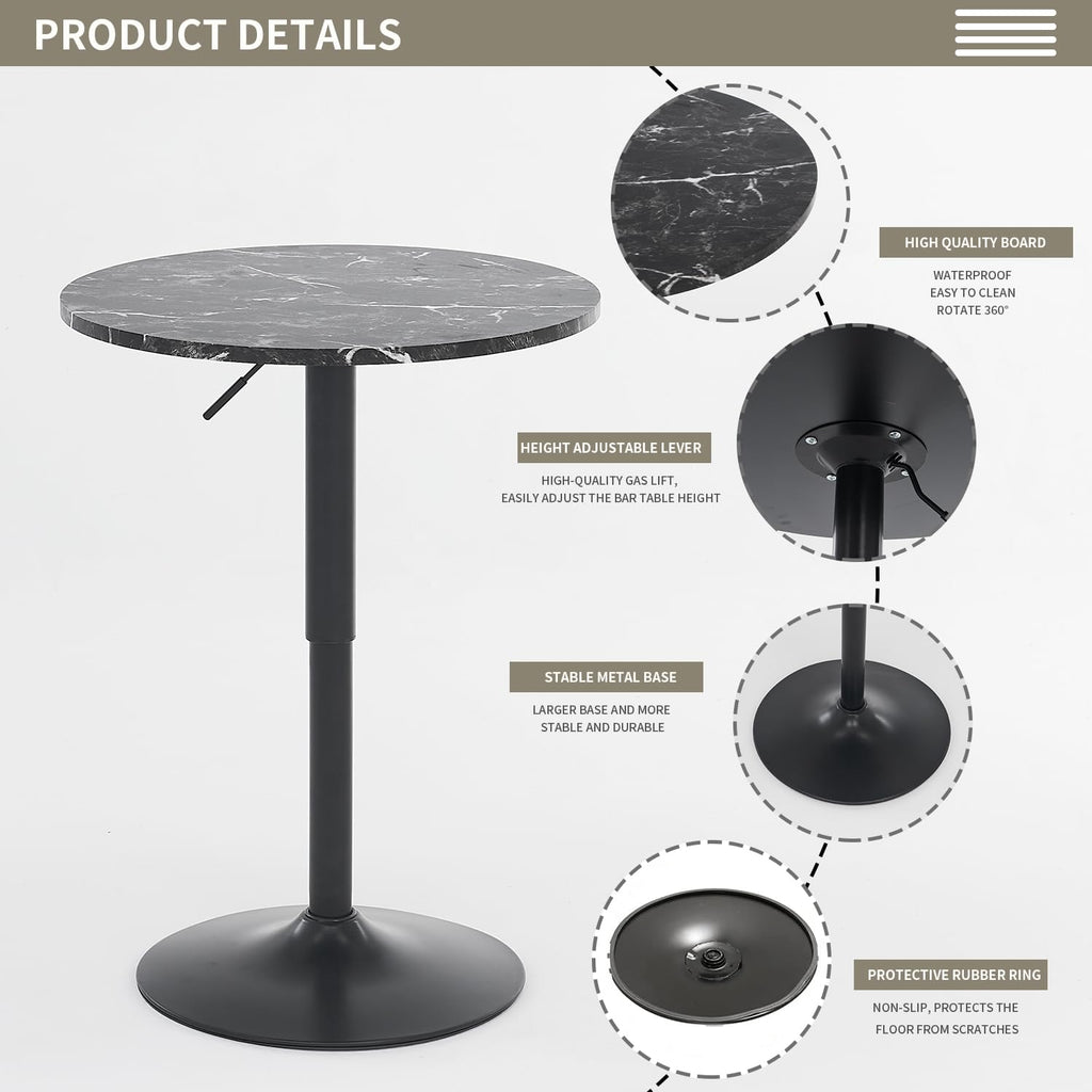 23.6" Round Bar Table, Adjustable Height Bar Table, MDF Top with Metal Pole Support and Base, Cocktail Tables, Bistro