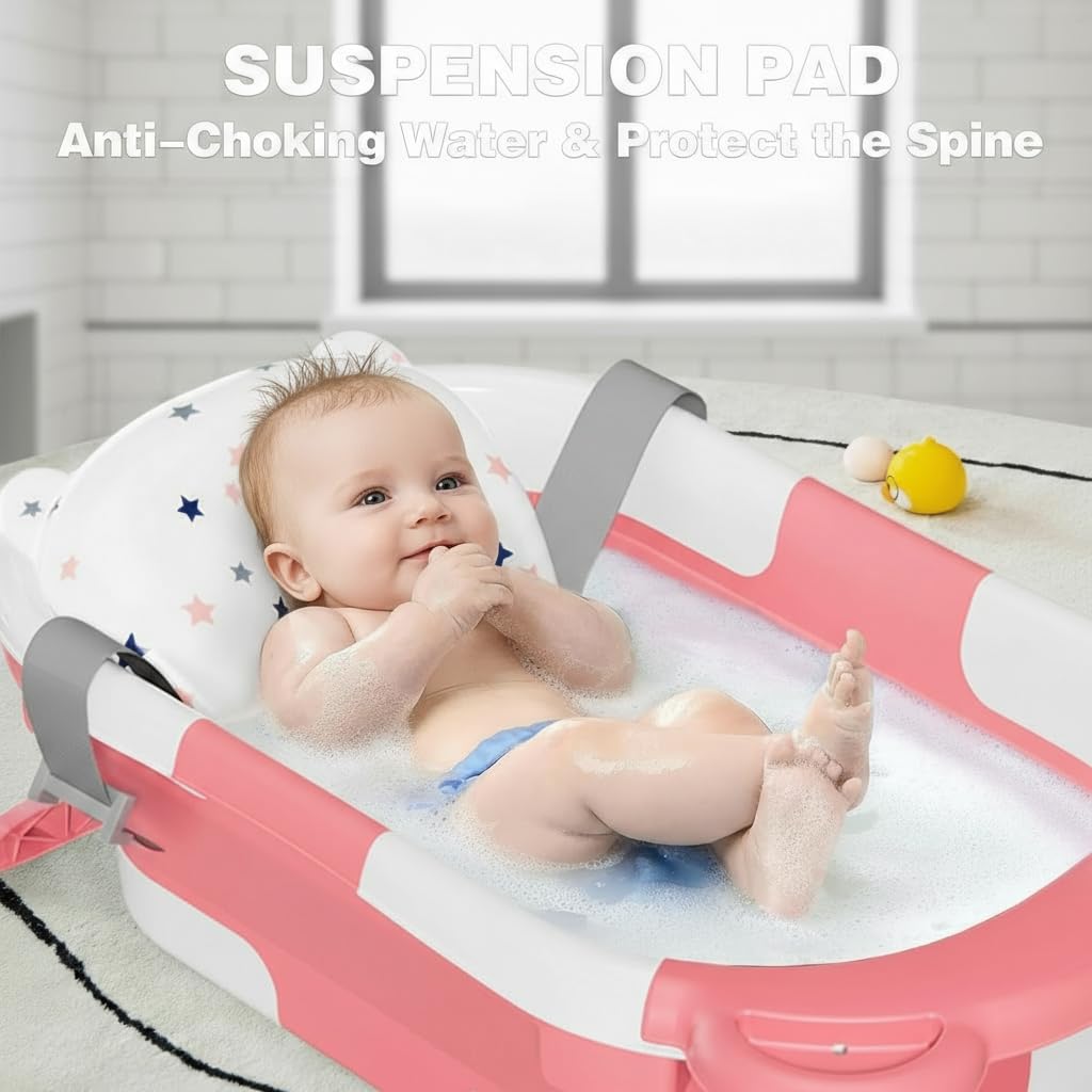 Collapsible Baby Bathtub, Baby Bath Tub with Soft Cushion & Real-Time Thermometer, Baby Bathtub Infant to Toddler Tub