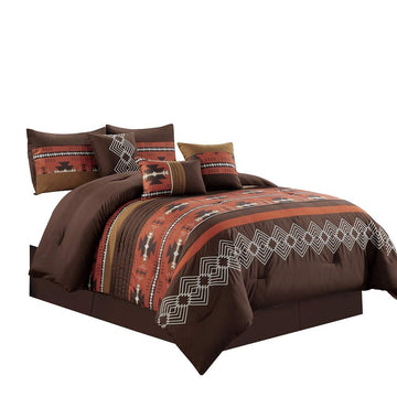 7 Piece Western Southwestern Native American Design Comforter Set Multicolor Coffee Brown Embroidered Bed