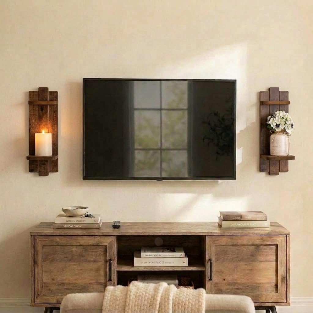 Wood Wall Candle Sconces Set of 2, Distressed Brown