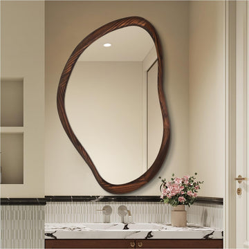 24"x36" Asymmetrical Wood Bathroom Mirror, Dark Walnut