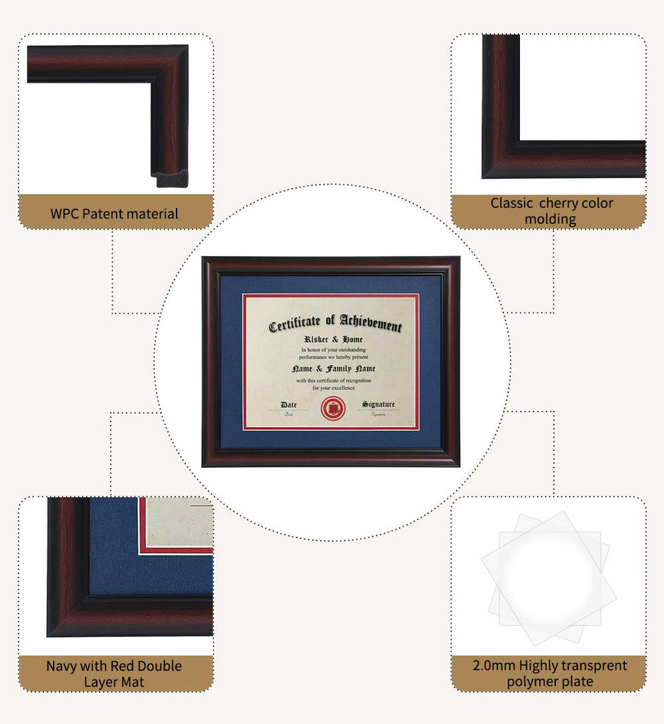8.5x11 Certificate Frame Cherry with Navy Red Rim Mat