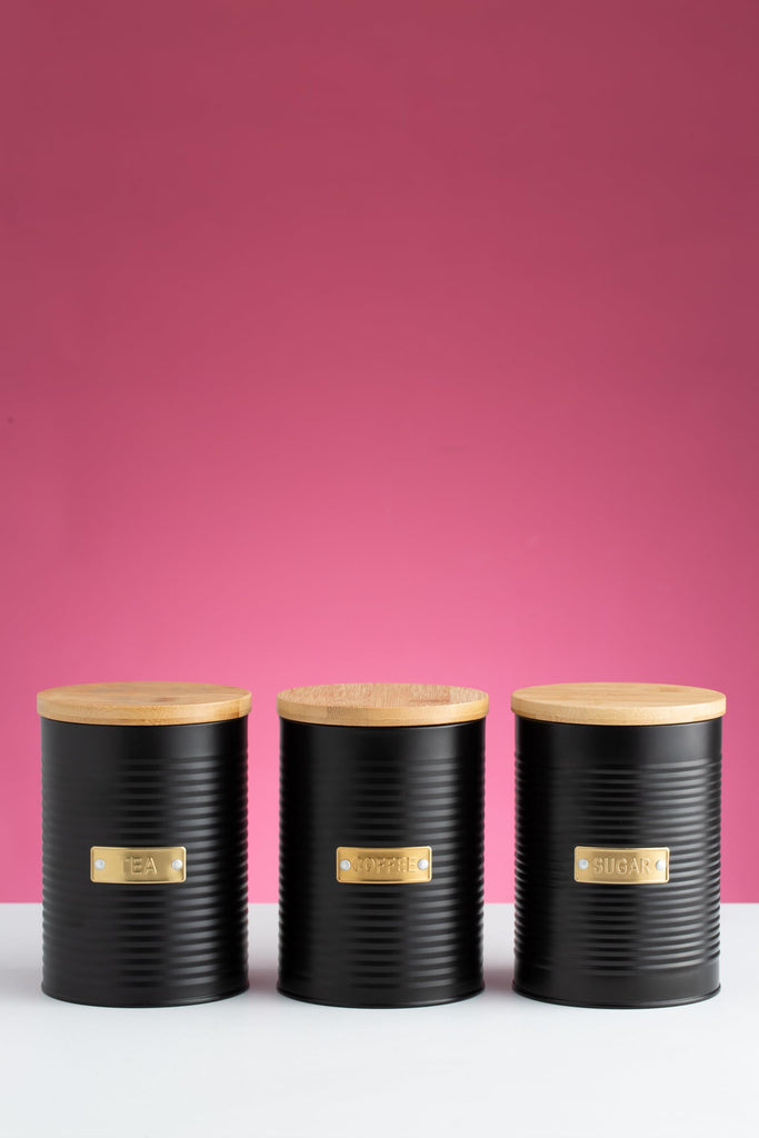 Living Otto Airtight Tea Storage Canister with Bamboo Lid, 1.4 Litre, Matte Black/Gold