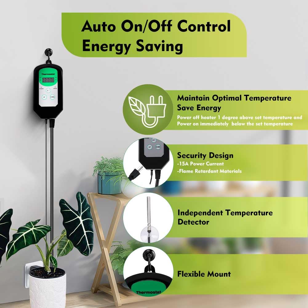 Greenhouse Heater with Thermostat, 1500W Electric Heater Auto Temperature Control Kit Digital Display, Fast Heating