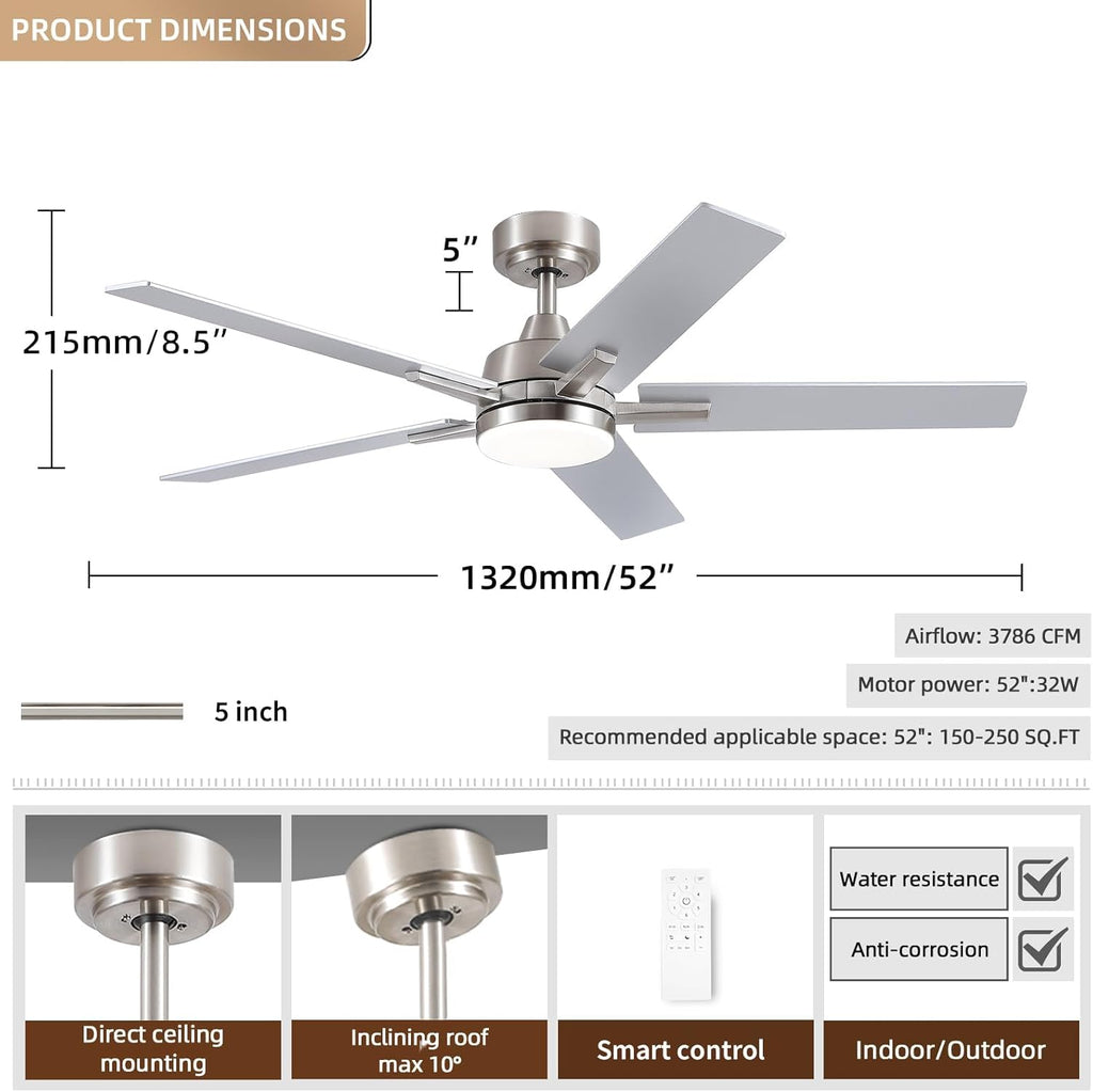 Ceiling Fans with Lights, 52 inch Brushed Nickel Ceiling Fans with Lights and Remote Control, Reversible, 3CCT
