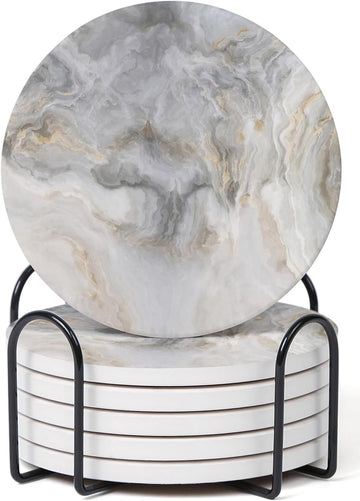 Abstract Gray White Marble Coasters with Holder, Absorbent Ceramic Coasters for Drinks, Coasters with Cork - Set of 6