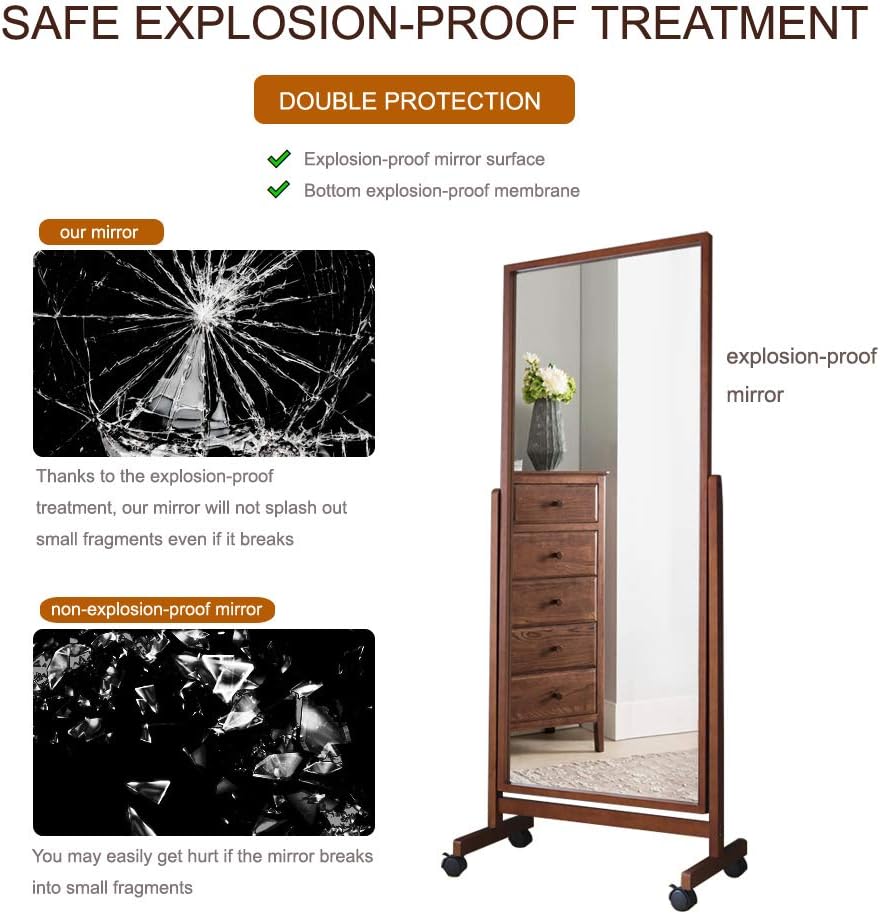 Swivel Full Length Mirror On Wheels 65"X22", Free Standing Wood Frame Cheval Floor Mirror for Dressing, Full Body with