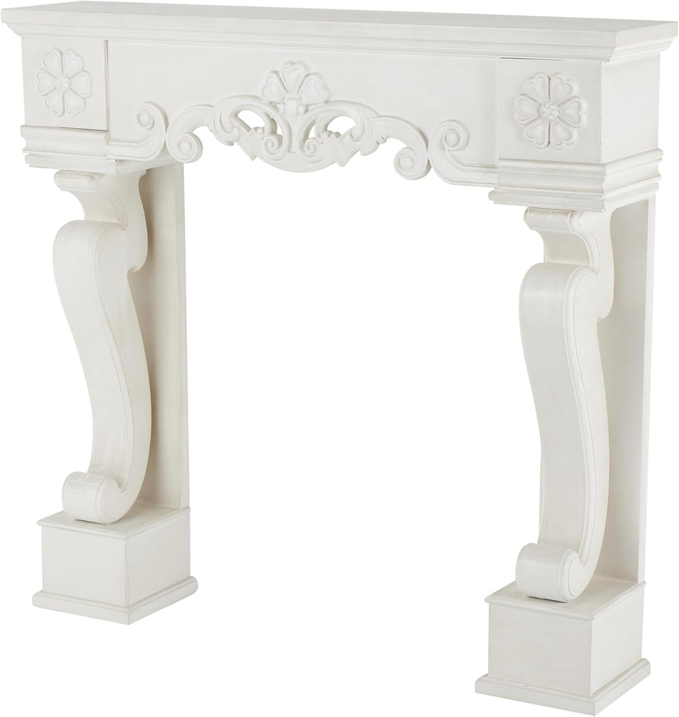 Wooden Scroll Fireplace Mantle Freestanding with Floral Accents, 45" 10" 42", White
