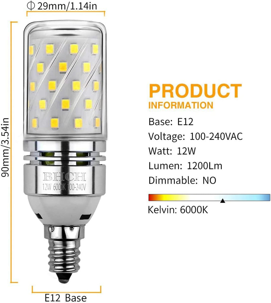 E12 LED Corn Bulbs 12W,6000K Daylight White,1200LM,100W Incandescent Bulbs Equivalent,Pack of 4