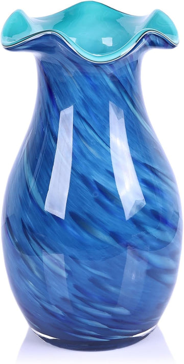10.6in Hand Blown Blue Glass Vase - Wide Mouth Murano Bubble Art Glass Vase, Cobalt Blue Flower Vase for Coastal