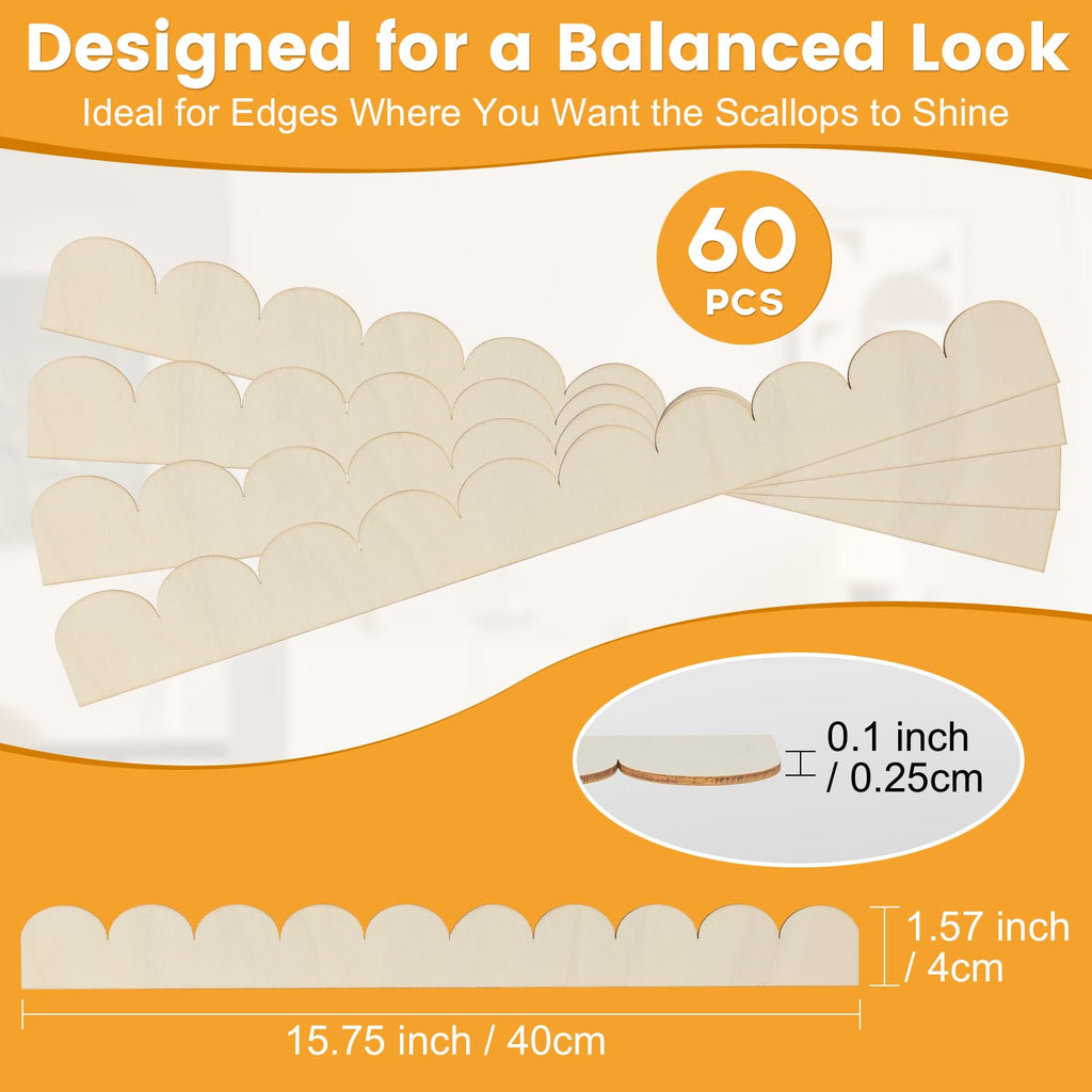 Scalloped Wood Trim Molding - 60 Pack Unfinished 1.57" x 15.75" Decorative Scalloped Edge Wood Trim for DIY Crafts
