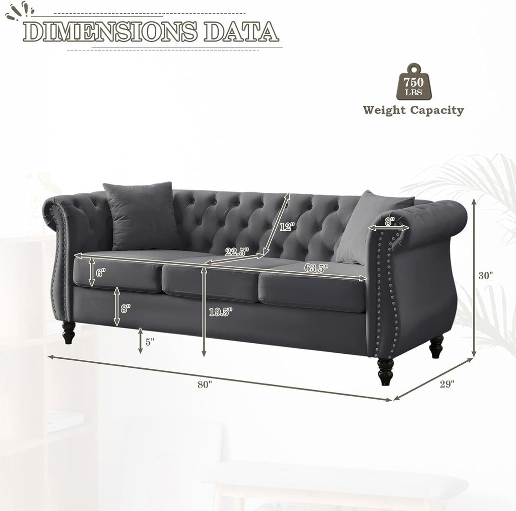 80" 2 Piece 3-Seater Chesterfield Sofa, Combination Sofa with Button Tufted Trimming Curved Backrest Rolled Arms, Grey