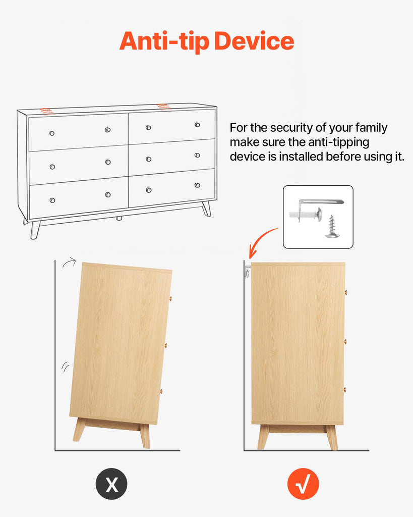 6 Drawer Dresser, Wooden Chest of Drawers with Sliding with Anti-tip Device, Modern Minimalist Dresser Chest, Closet