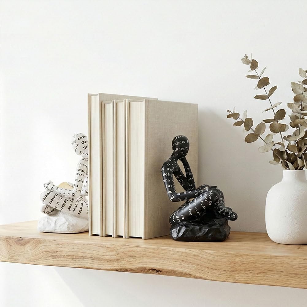 Ends for Heavy Books Set of 2, Modern Abstract Thinker Book Ends for Shelves and Desk - Resin with Non-Slip Pads