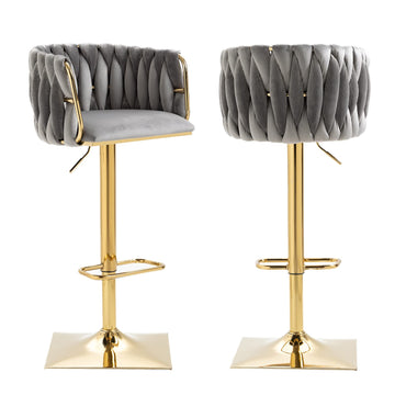 Swivel Velvet Bar Stool Set of 2, Adjustable Comfy Counter Height Barstool, Modern Dining Chair with Woven Back