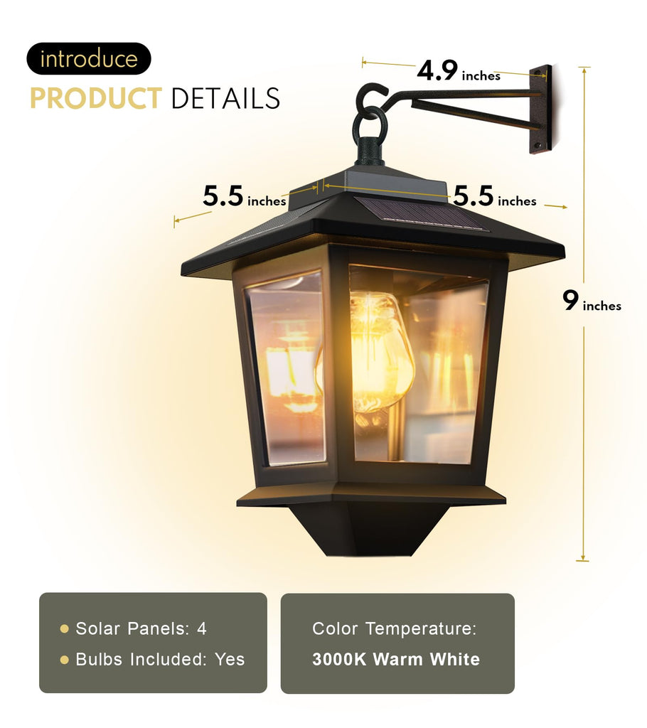 2 Pack Solar Wall Lanterns, Outdoor Hanging Lights with 4 Solar Panels, Dusk to Dawn Led Outdoor Wall Sconce, Anti-Rust