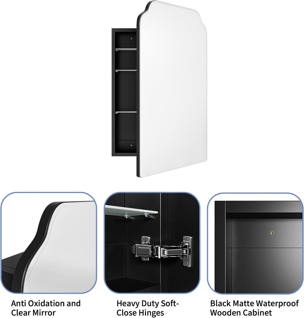 Recessed Medicine Cabinet with Arched Mirror, Overall 17.5"x29" | Bathroom Wood Black Wall Cabinet with Mirror
