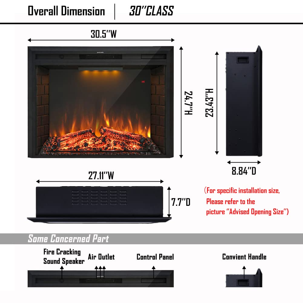 30'' Electric Fireplace Insert, Retro Recessed Fireplace Heater with Fire Cracking Sound, Remote Control & Timer