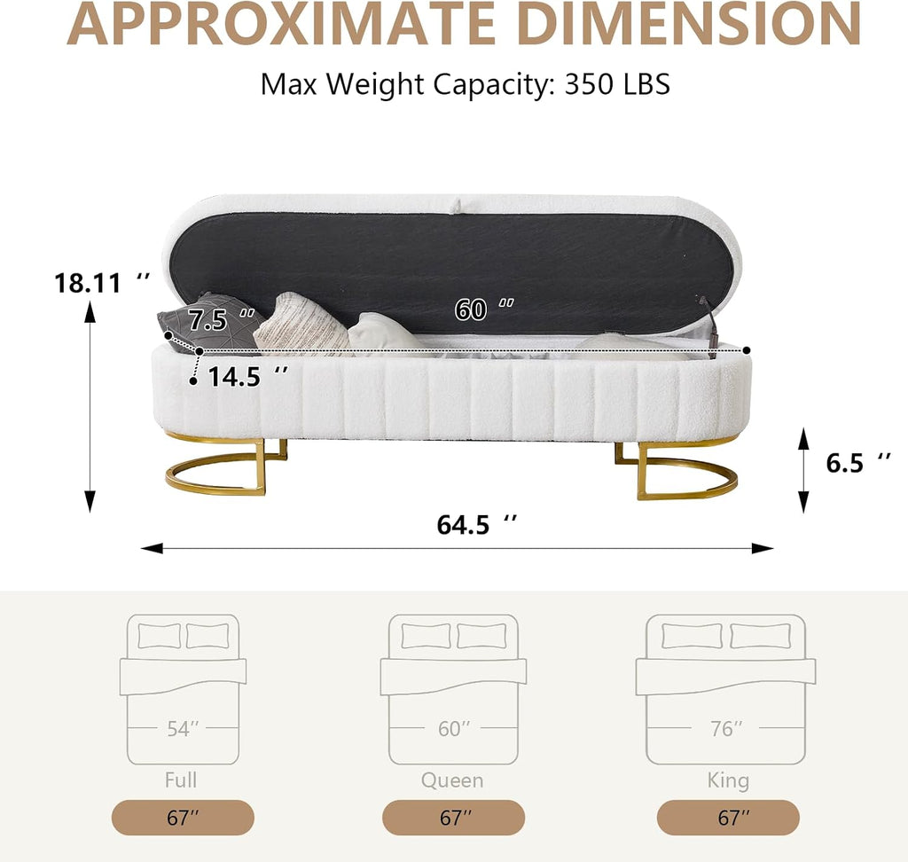 65" Curved Storage Ottoman Bench , Upholstered End of Bed Bench for King Size Bed, Oval Storage Bench with Gold Metal