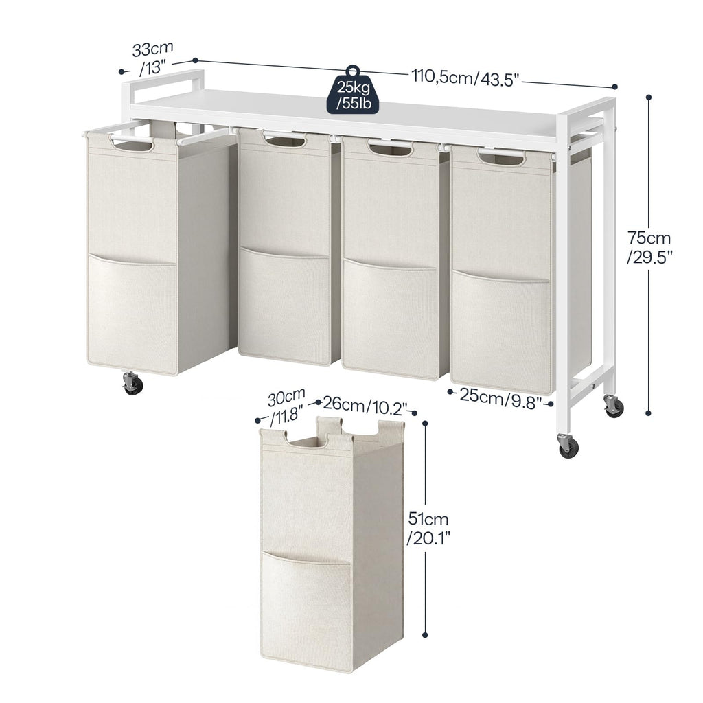 Laundry Sorter 4 Sections, Laundry Hamper with Wheels, 42 Gal (160 L), Rolling Laundry Basket, Pull-Out and Removable