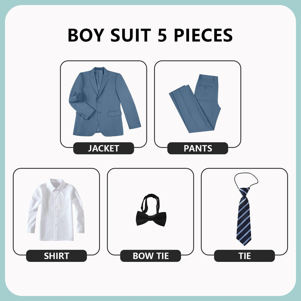 Boys Formal Suits Slim Fit 5 Piece Kids Jacket Pants Set with Shirt Tie