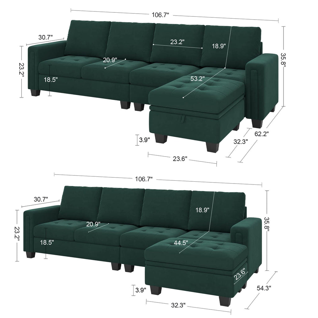 Velvet Reversible Sectional Sofa with Chaise Convertible L Shaped 4-seat Sectional Couch with Storage Ottoman Green