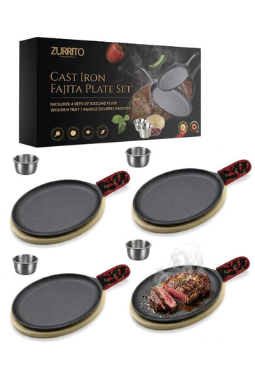 4x Fajita Skillet with Saucers, Cast Iron Hot Plate, Fajita Kit, Sizzling Plate with Wooden Base, Fajita Skillet Set