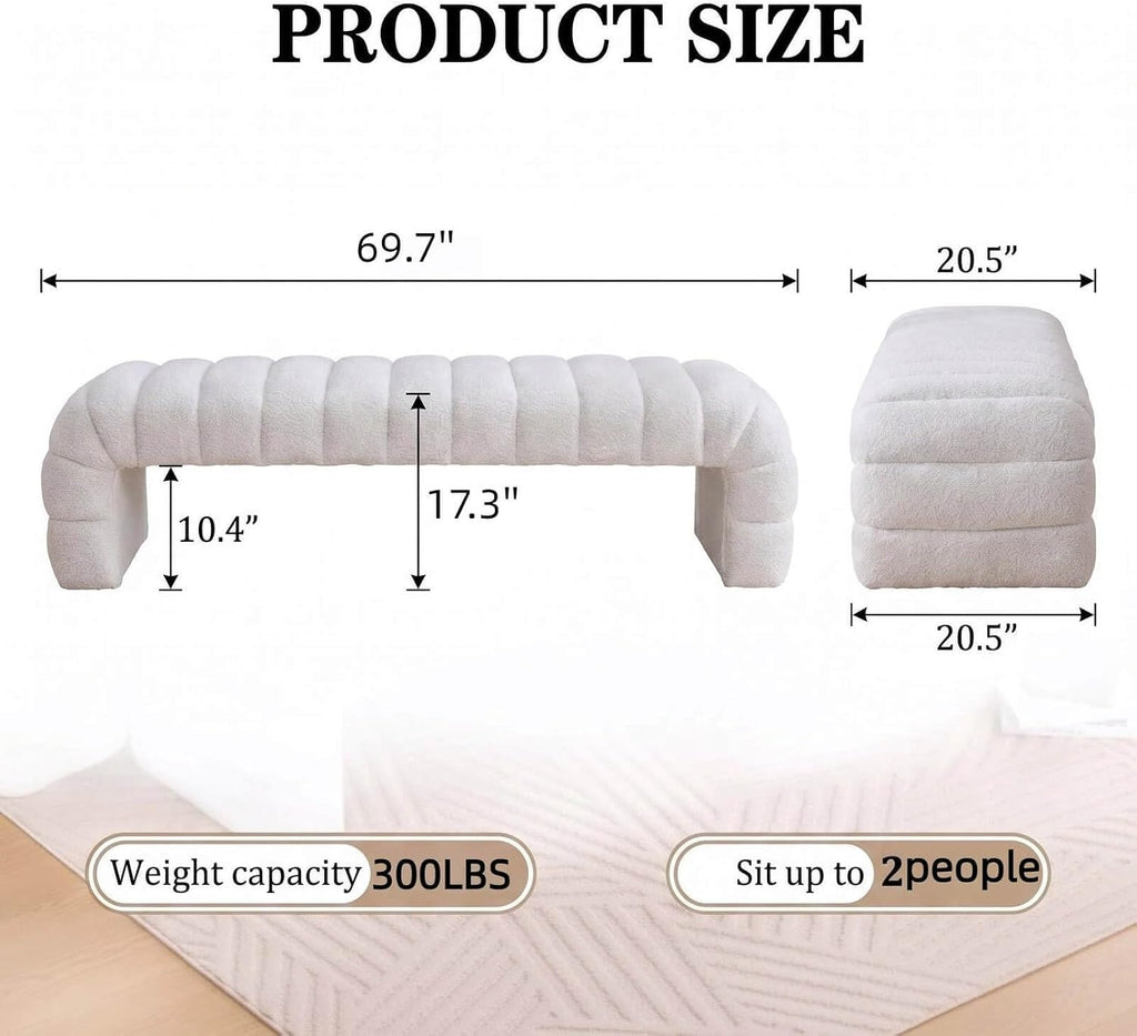 Arched Channel Tufted Chenille Bench, Ivory, 69.7 in | End of Bed Bench for King Size, Modern Upholstered Armless Bed