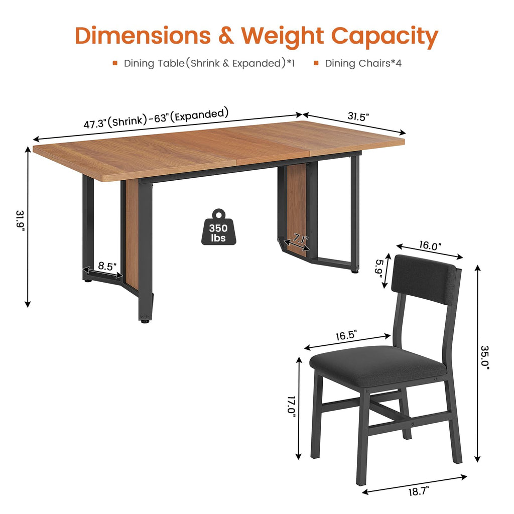5-Piece Dining Table Set for 4-6 People, 63" Extendable Kitchen Table and 4 Cushion Chairs, Dining Room Table with