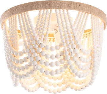 Bohemia Wood Beaded Flush Mount Ceiling Light Antique Rustic Mini Chandelier White Finishing Room, Girl Room