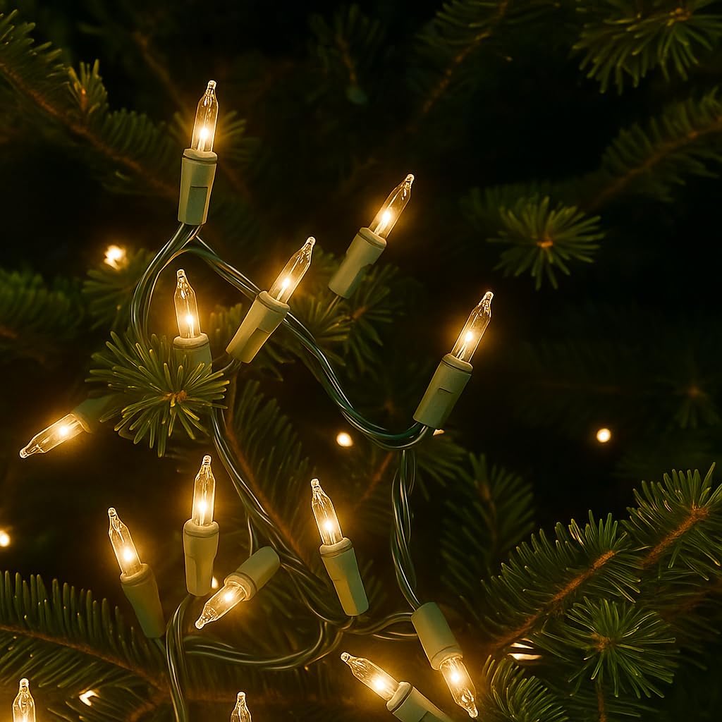 12-Pack 34 Feet 100 Clear Mini Christmas Lights, Green Wire String, Traditional Vintage Green Christmas Light, 4 Inch