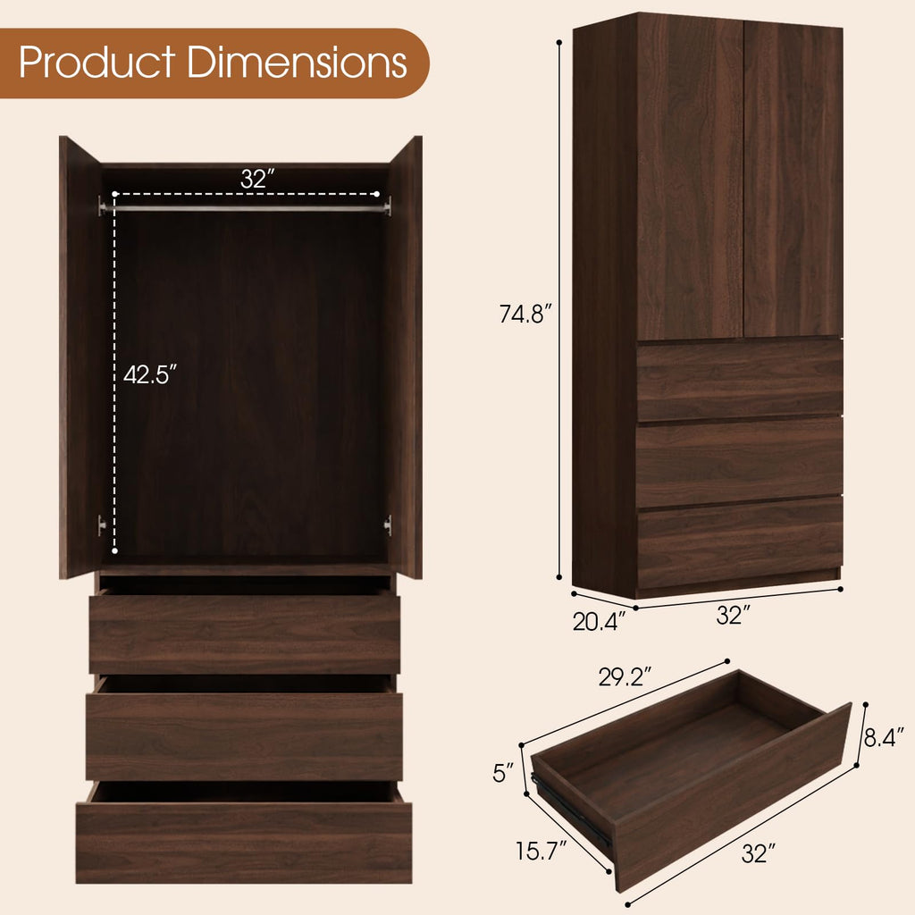 2 Piece Walnut Full Wall Wardrobe Closet with 6 Drawer & Hanging Rod