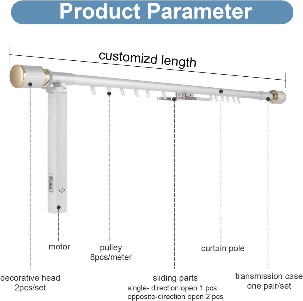Motorized Curtain Single Poles to Remote Control, Extra-Thick Aluminum Alloy Slide Downward Electric Curtain Rod