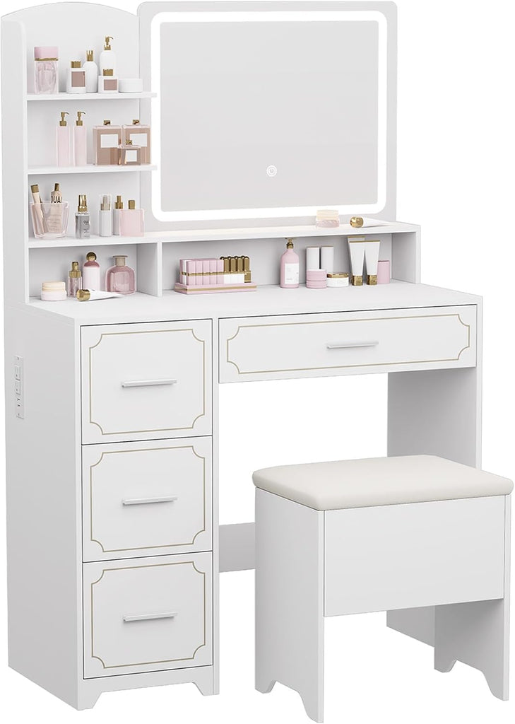 Vanity Table with LED Mirror & Power Outlet - 5 Open Shelves, 4 Drawers - Includes Padded Stool - Ideal Bedroom