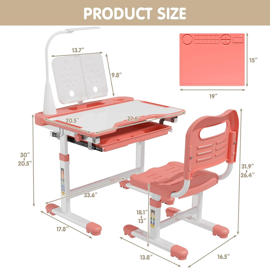 Kids Desk and Chair Set, Height Adjustable Study Table for Ages 3-12