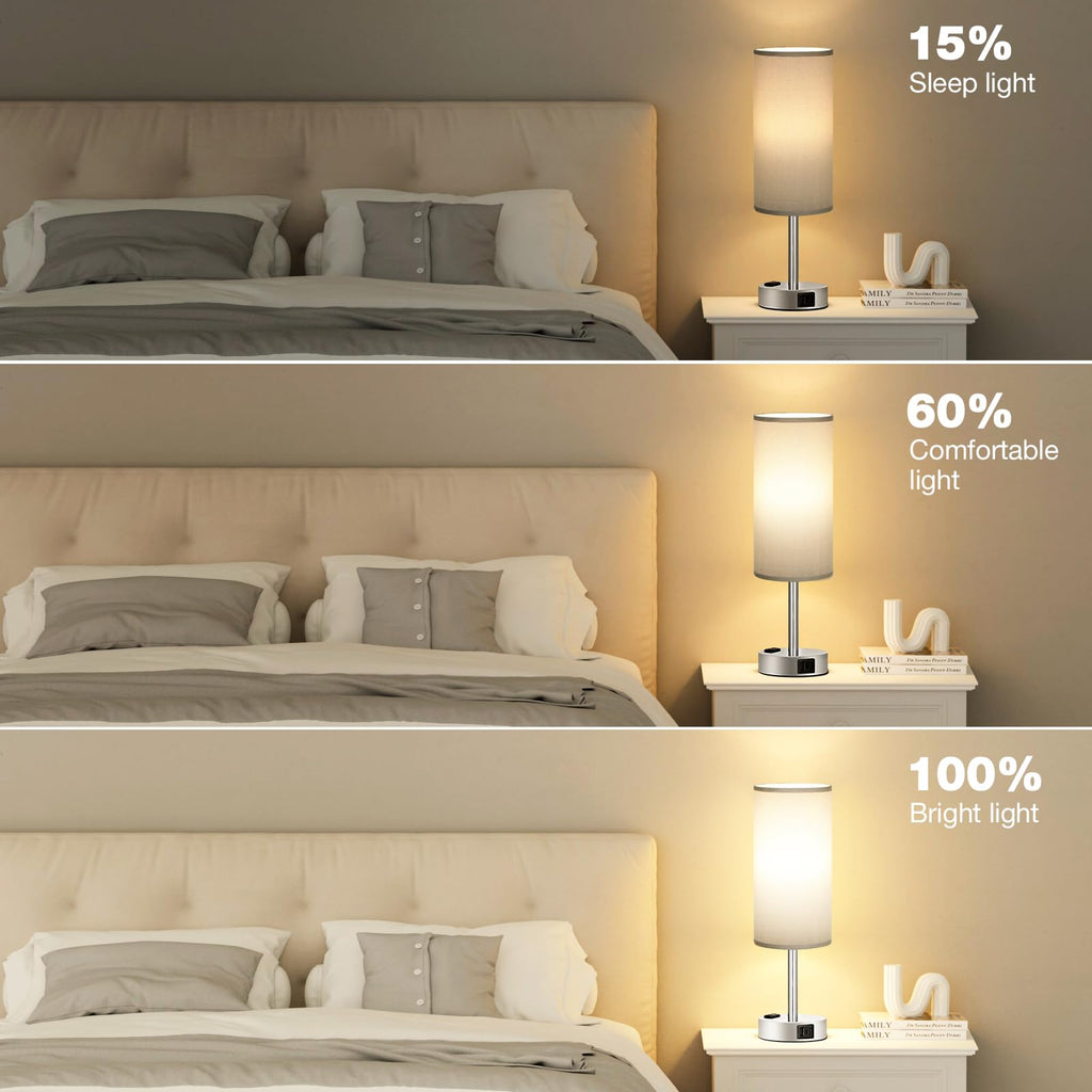 Grey Bedside Lamp, Dimmable Touch, USB A+C, AC Outlet