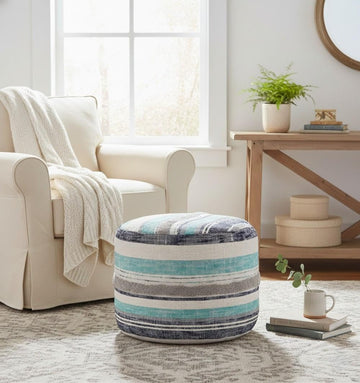 LR Home Coastal Stripe Pouf, 18"x14", White/Blue