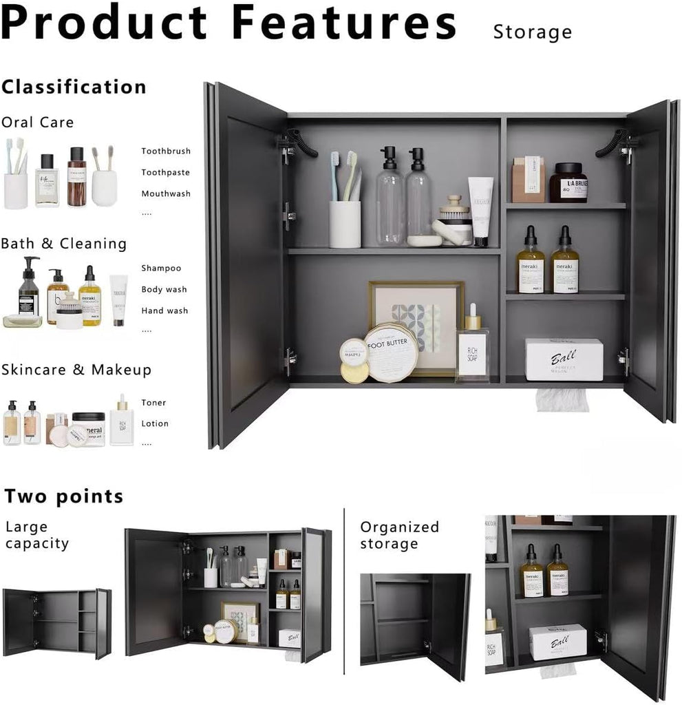 31.50" x 23.62" LED Bathroom Medicine Mirror Cabinet, Wall Mounted Double Door Aluminum Vanity Storage Cabinet with