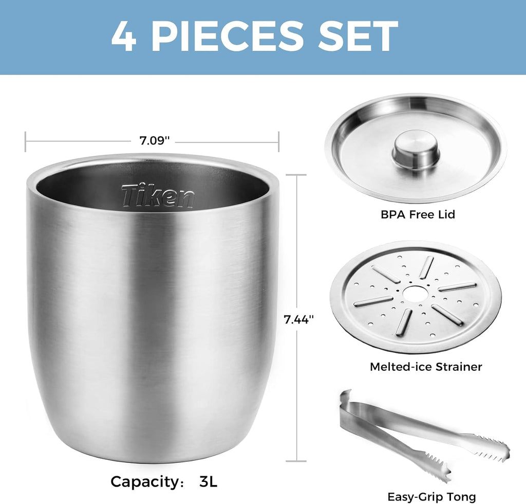 3L Double-Wall Vacuum Insulated Ice Bucket with Lid & Tong Stainless Steel Champagne Buckets for Cocktail Bar