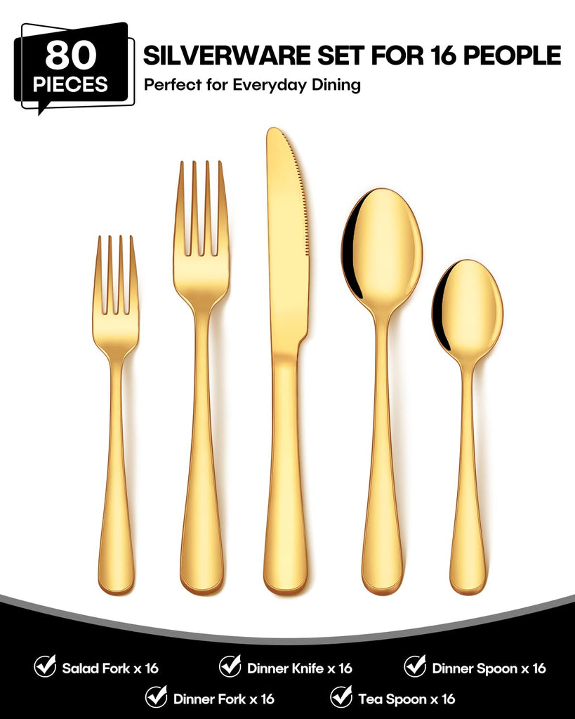 80Pcs Gold Silverware Set, Stainless Steel Flatware Cutlery Set Service for 16, Mirror Polished Gold Utensils Set