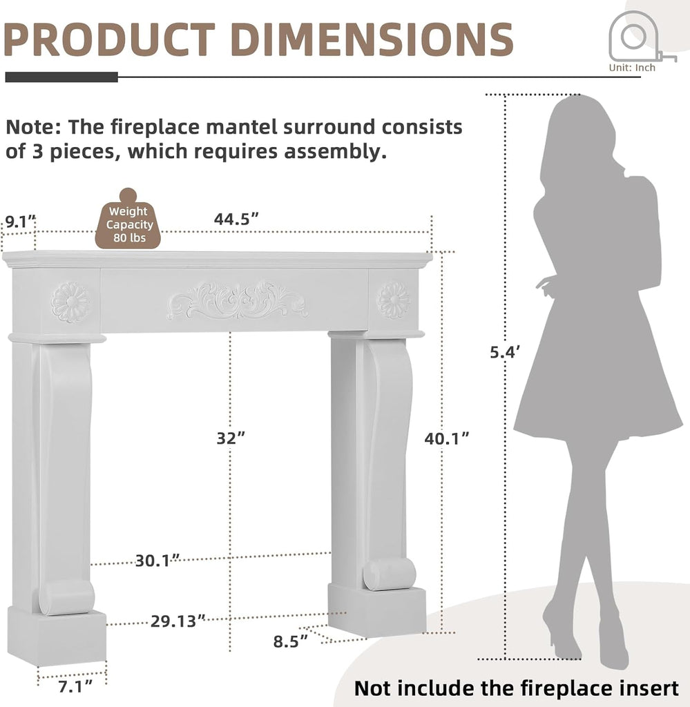 44.5" Modern Surround Freestanding Fireplace Surround, Grade A MDF Wood Surround Mantel with Legs & Decorative