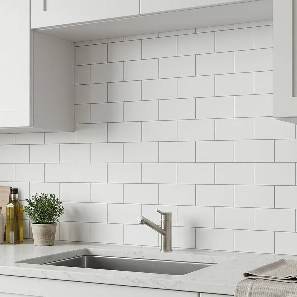 10- Sheet Polished White Peel and Stick Backsplash, 12''Luxury PVC Ceramic Look Self Stick Subway , Waterproof Peel