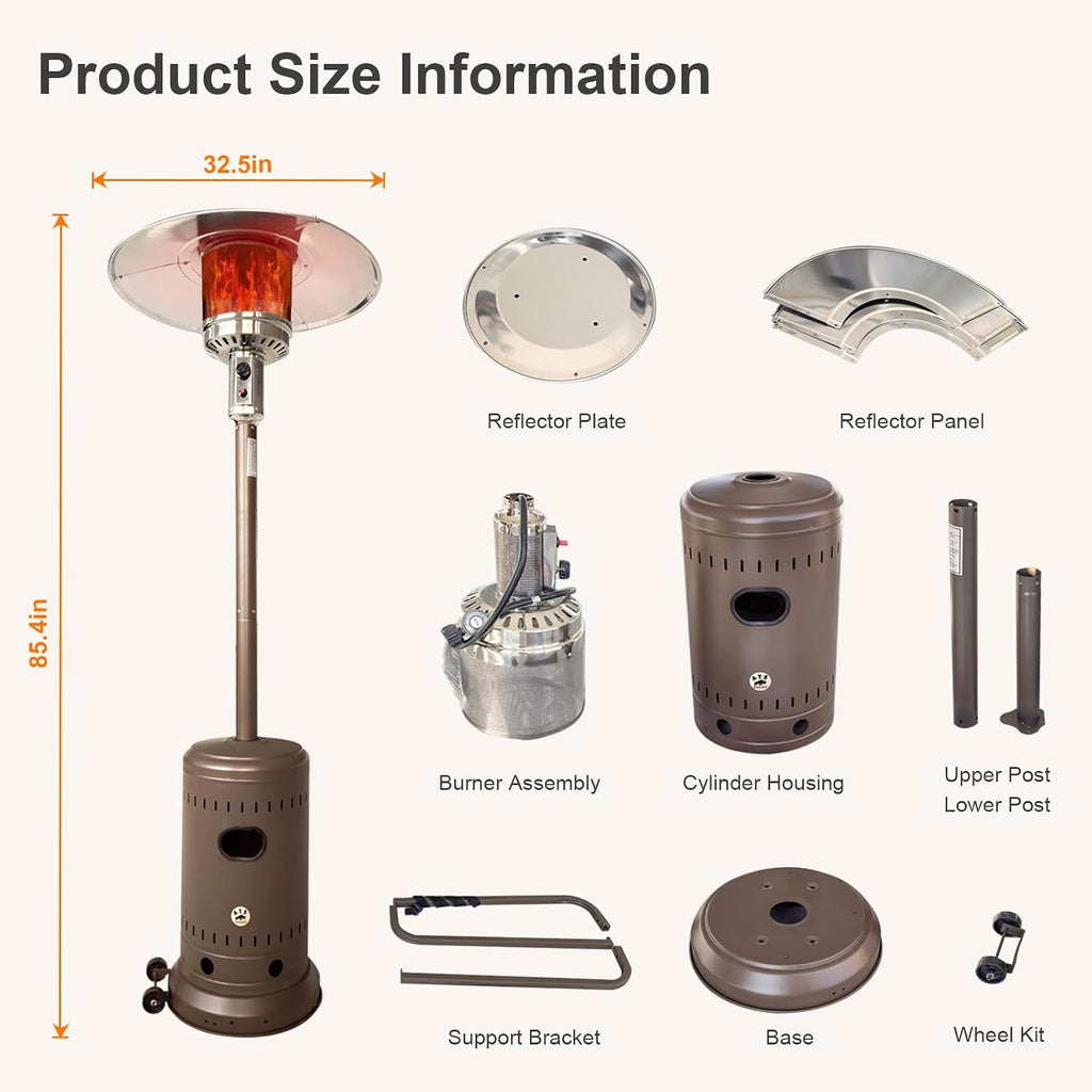 46,000 BTU Outdoor Propane Patio Heater with Wheels, Commercial & Residential, Havana Bronze, 32.5x 32.5 x 91.3